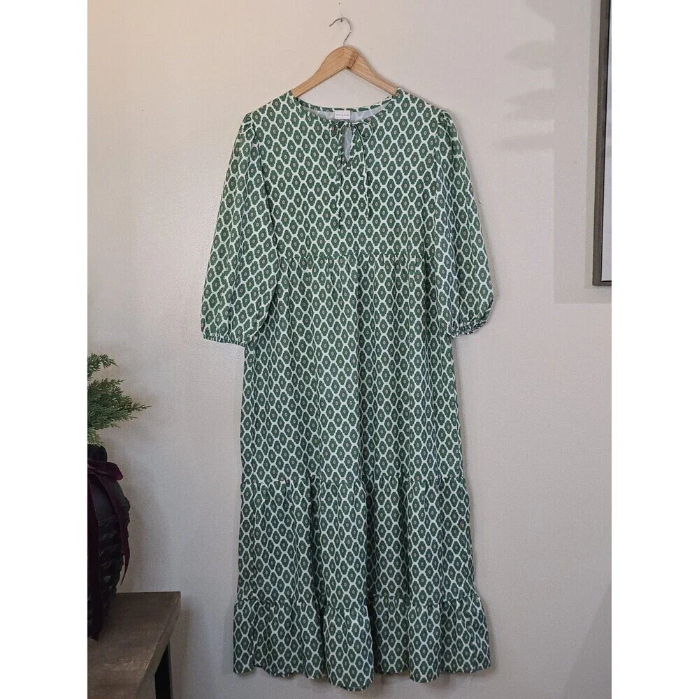 Silk & Salt Midi Dress Womens M Green Boho Tiered Peasant 3/4 Sleeve - Picture 13 of 14